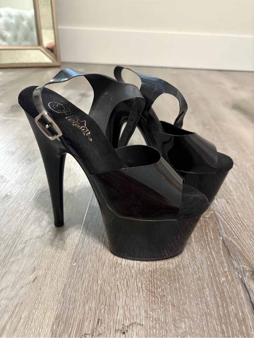 Pleaser Black Patent High Platform Peep-Toe Slingback Heels